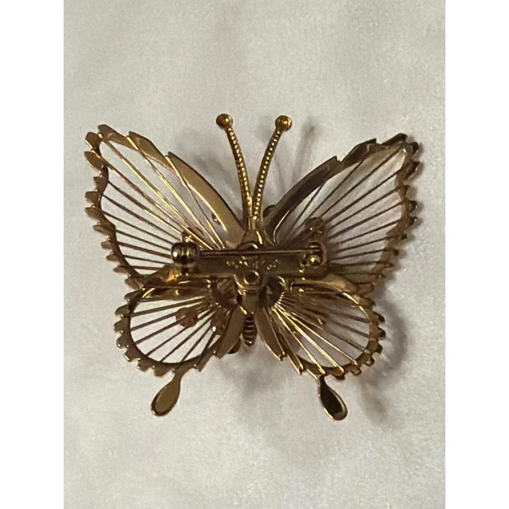 Monet Vintage Gold Tone Butterfly Brooch Rhinestone Openwork Wire Pin
